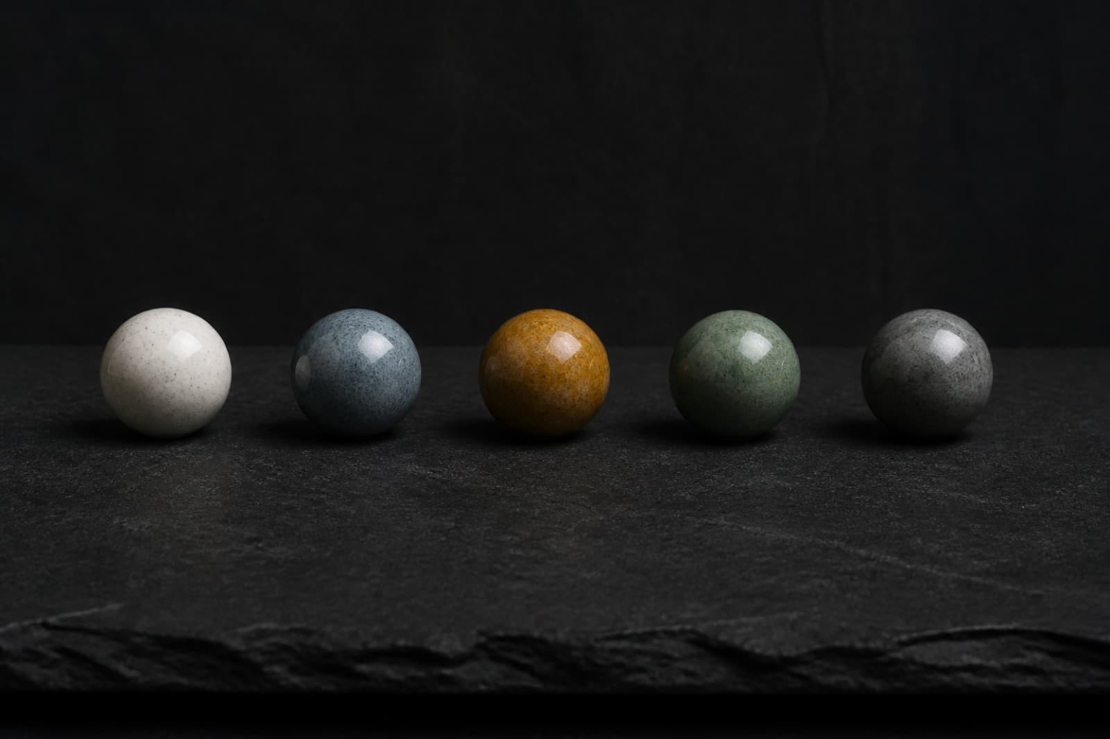 Five ceramic spheres in a line: white, blue, amber, green, gray