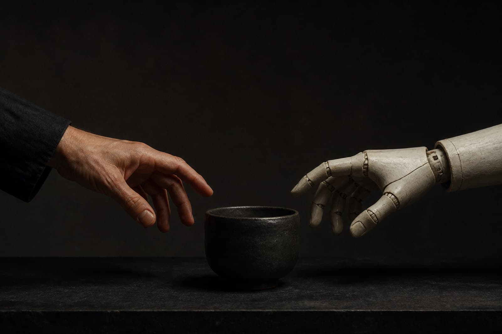 A human hand and a robot hand reaching toward the same cup