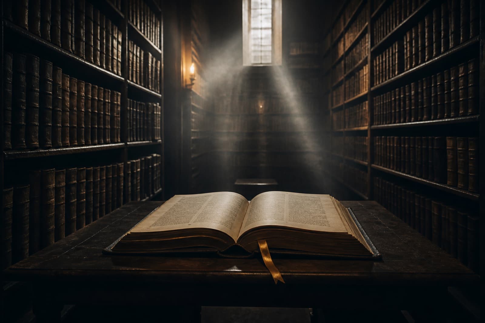 A dark library aisle with one open book in a shaft of light