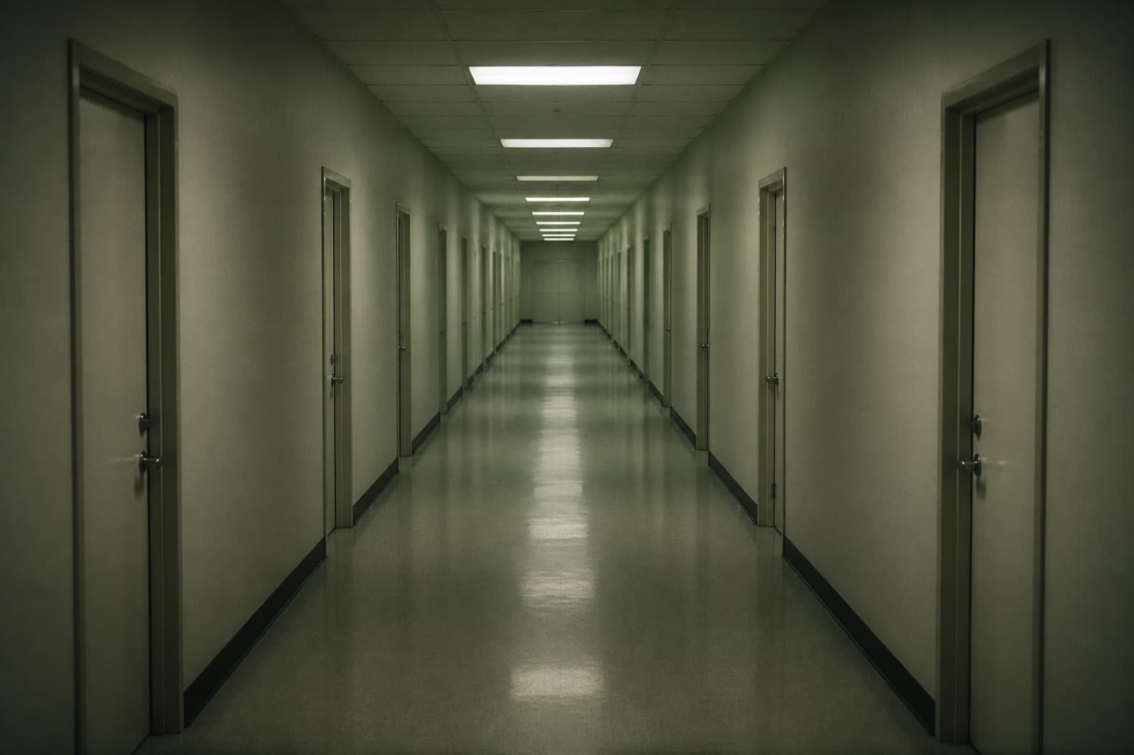 An empty institutional hallway with identical doors and fluorescent lights
