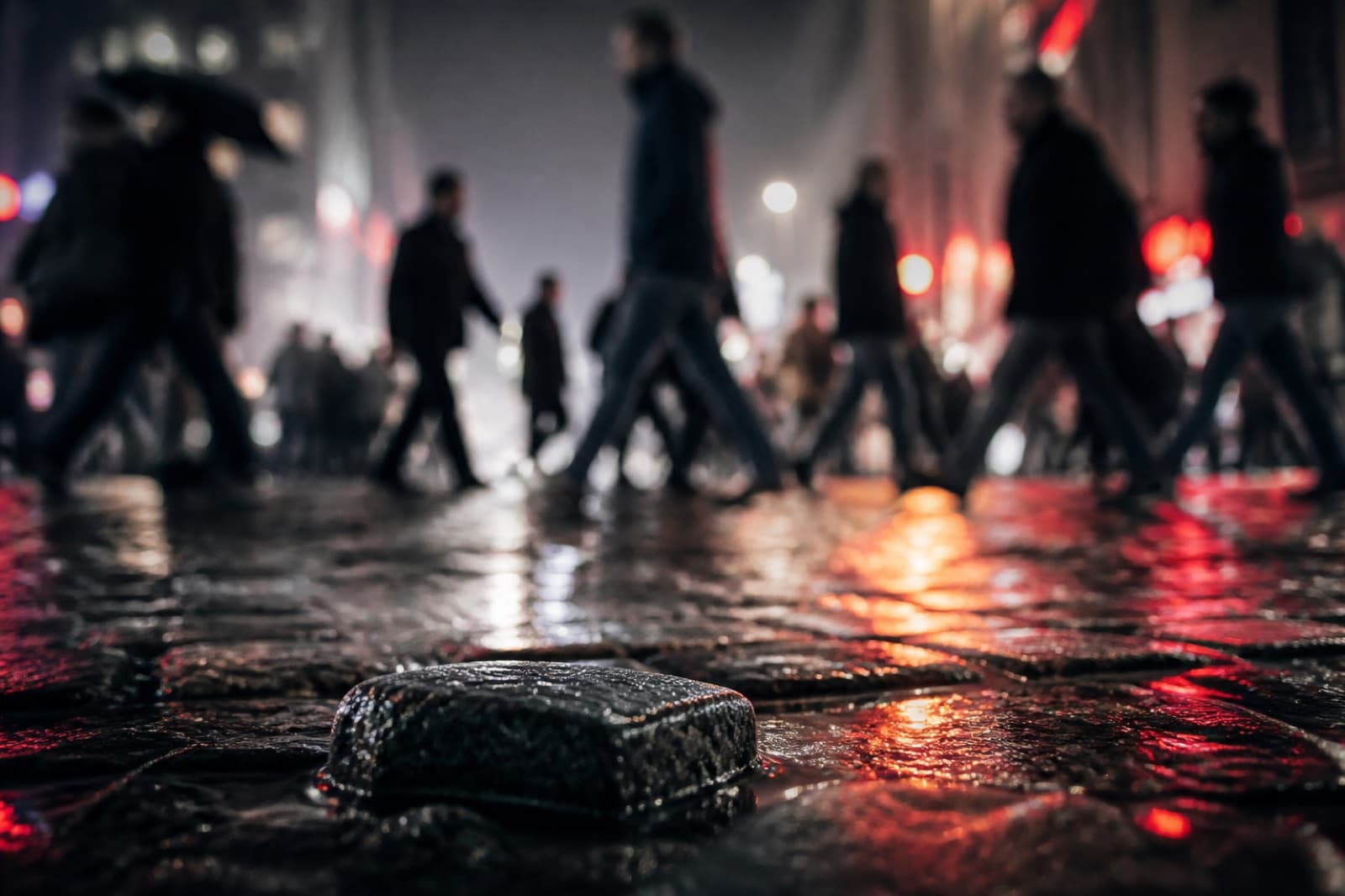 A blurred night crowd on a wet street, no face recognizable