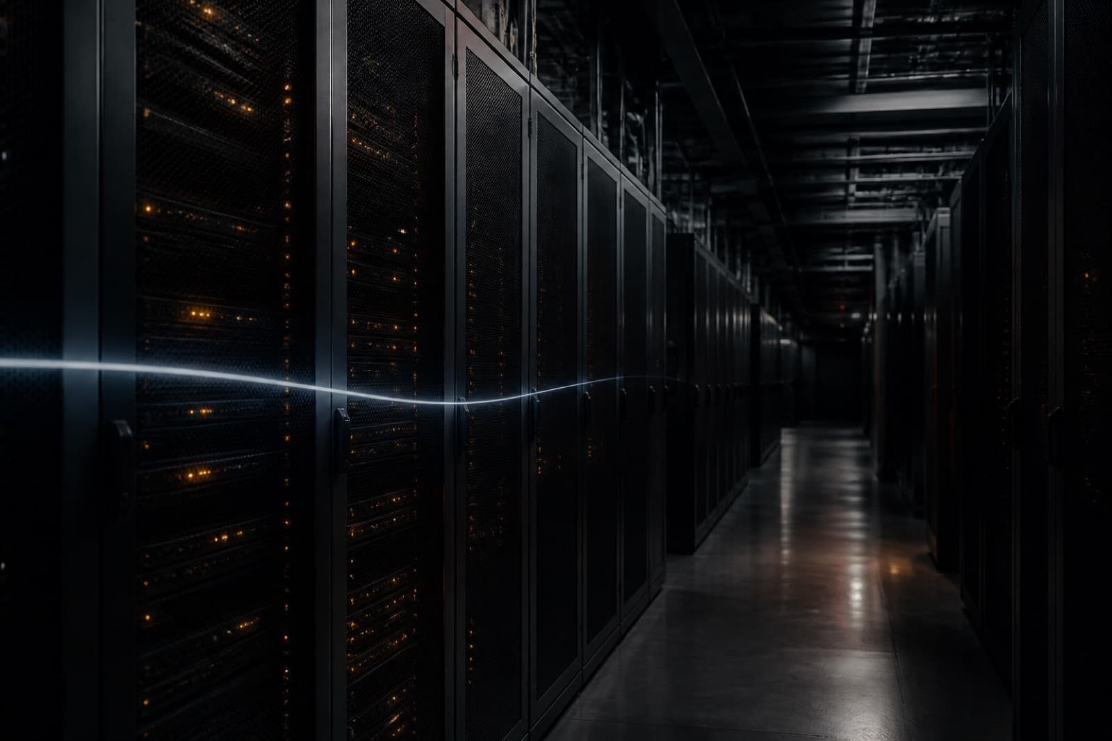 A dark server corridor with amber status lights receding into shadow