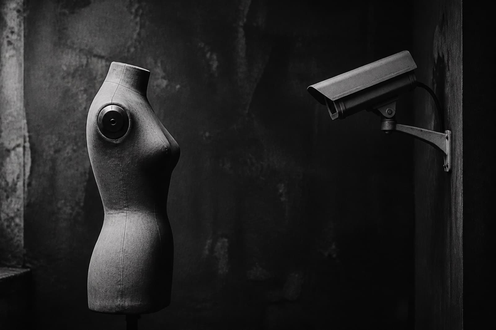 A headless mannequin in profile facing a camera in a dark studio