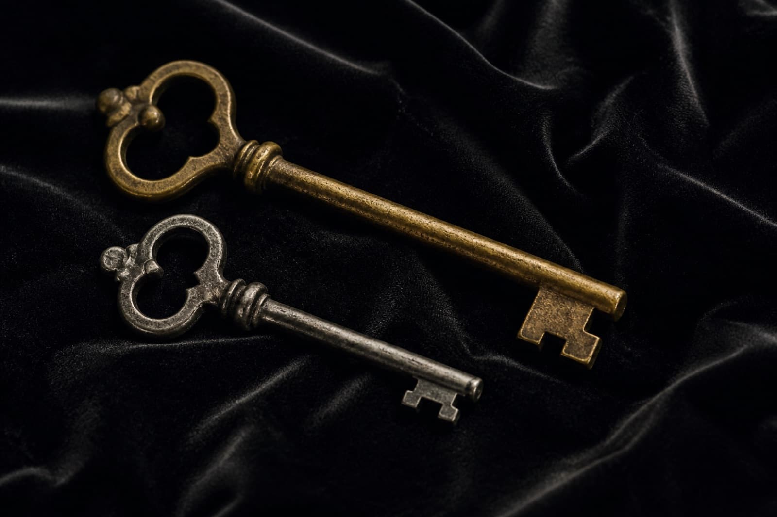 Two antique keys on black velvet, one gold-toned and one silver
