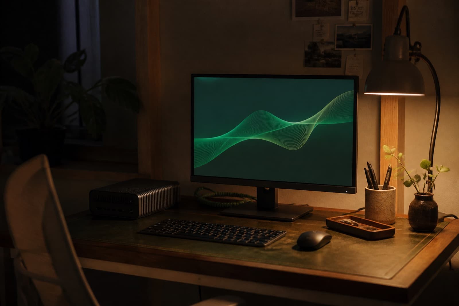 A compact home workstation at night with a single monitor