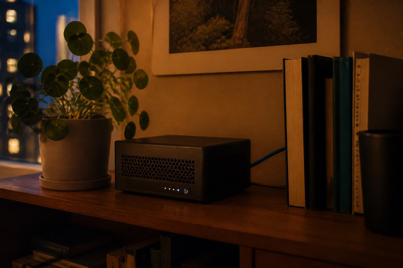 A small home server on a shelf beside books and a plant